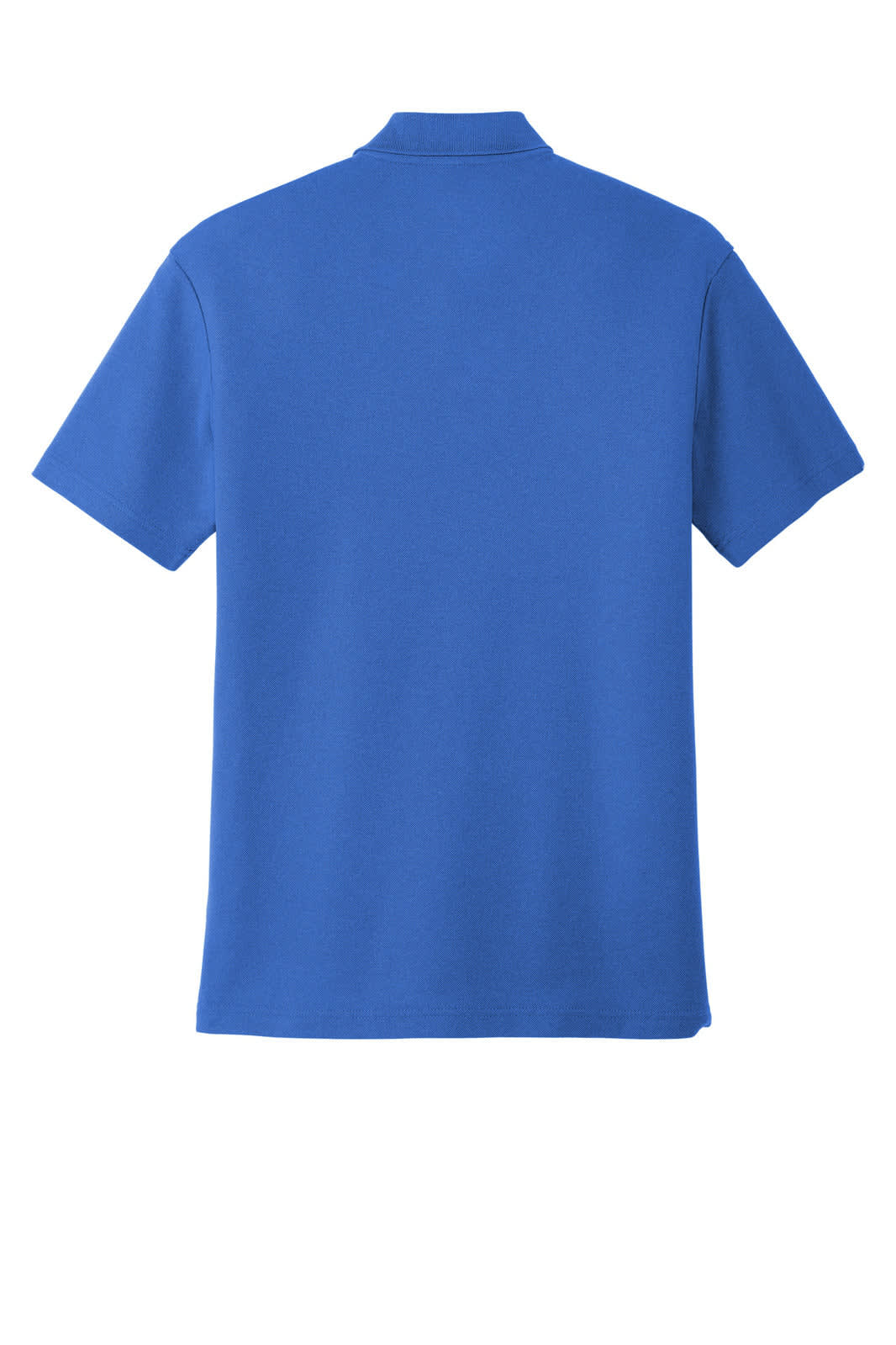 A blue polo shirt with a collar and short sleeves, featuring a branding logo on the back.