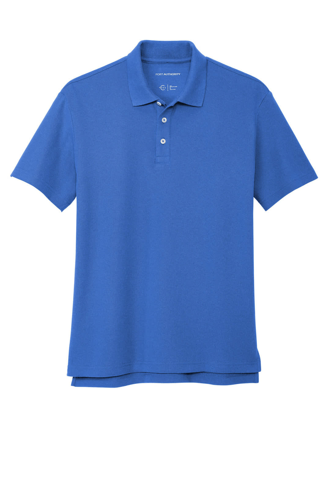 A blue polo shirt made from a cotton blend, featuring a three-button placket and a logo.
