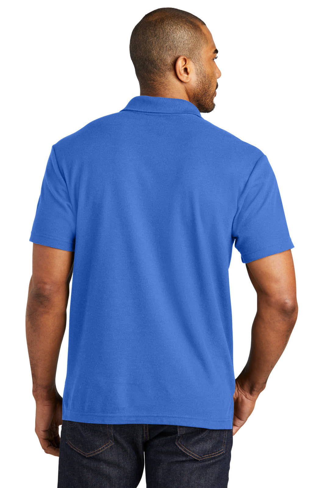 A blue polo shirt featuring a collar and short sleeves, displayed on a model from the back. Includes a logo.