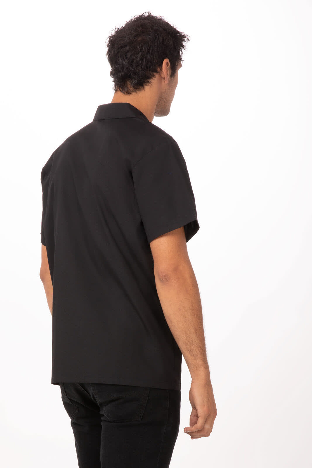 A black men’s cook shirt with short sleeves, featuring a sleek design and a collar. It has a logo on the back.