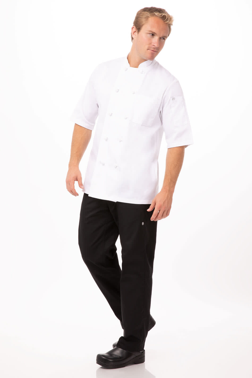 A white men's chef jacket paired with black pants, featuring buttons and a logo.