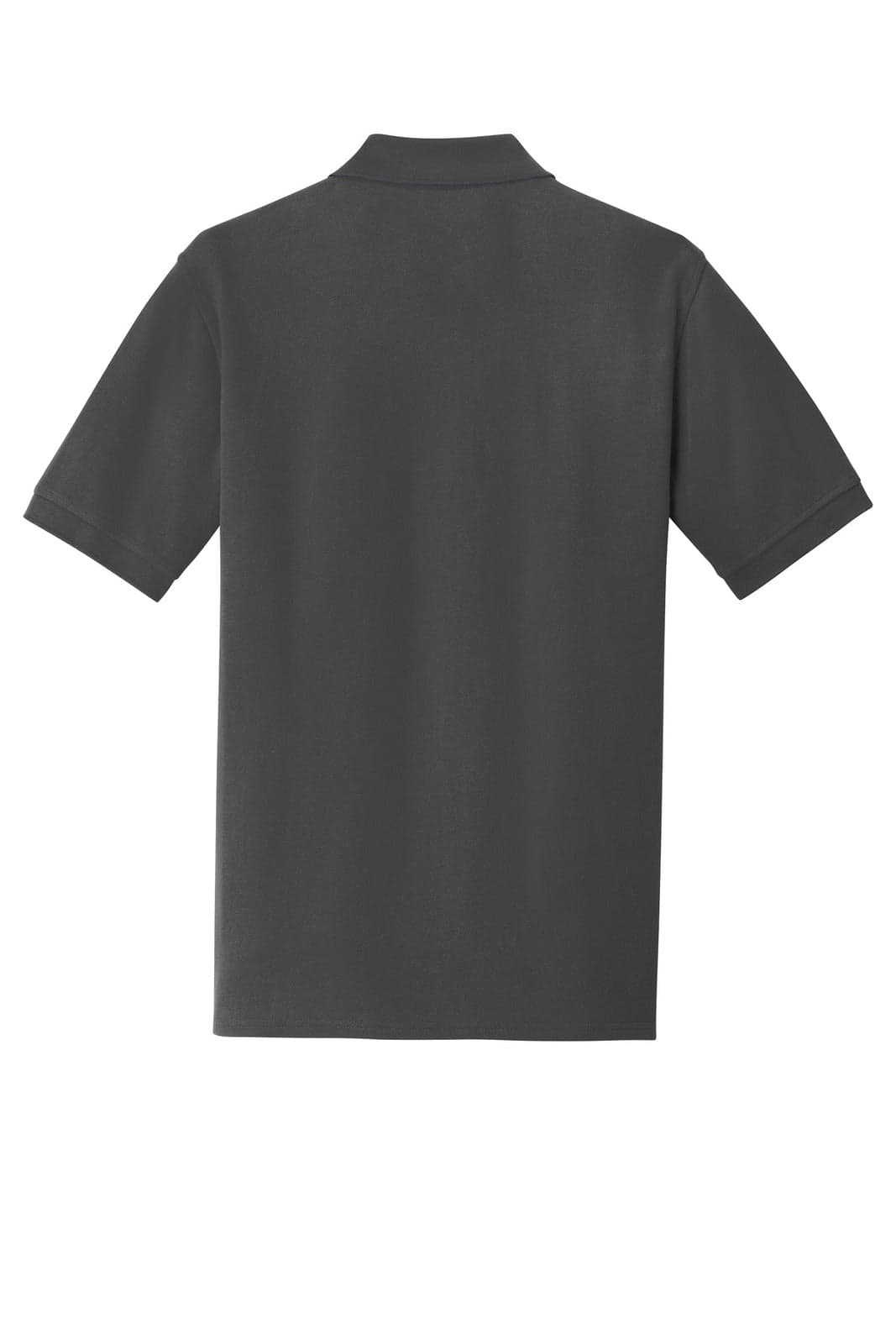 A dark grey polo shirt with short sleeves and a collar, featuring a logo on the back.