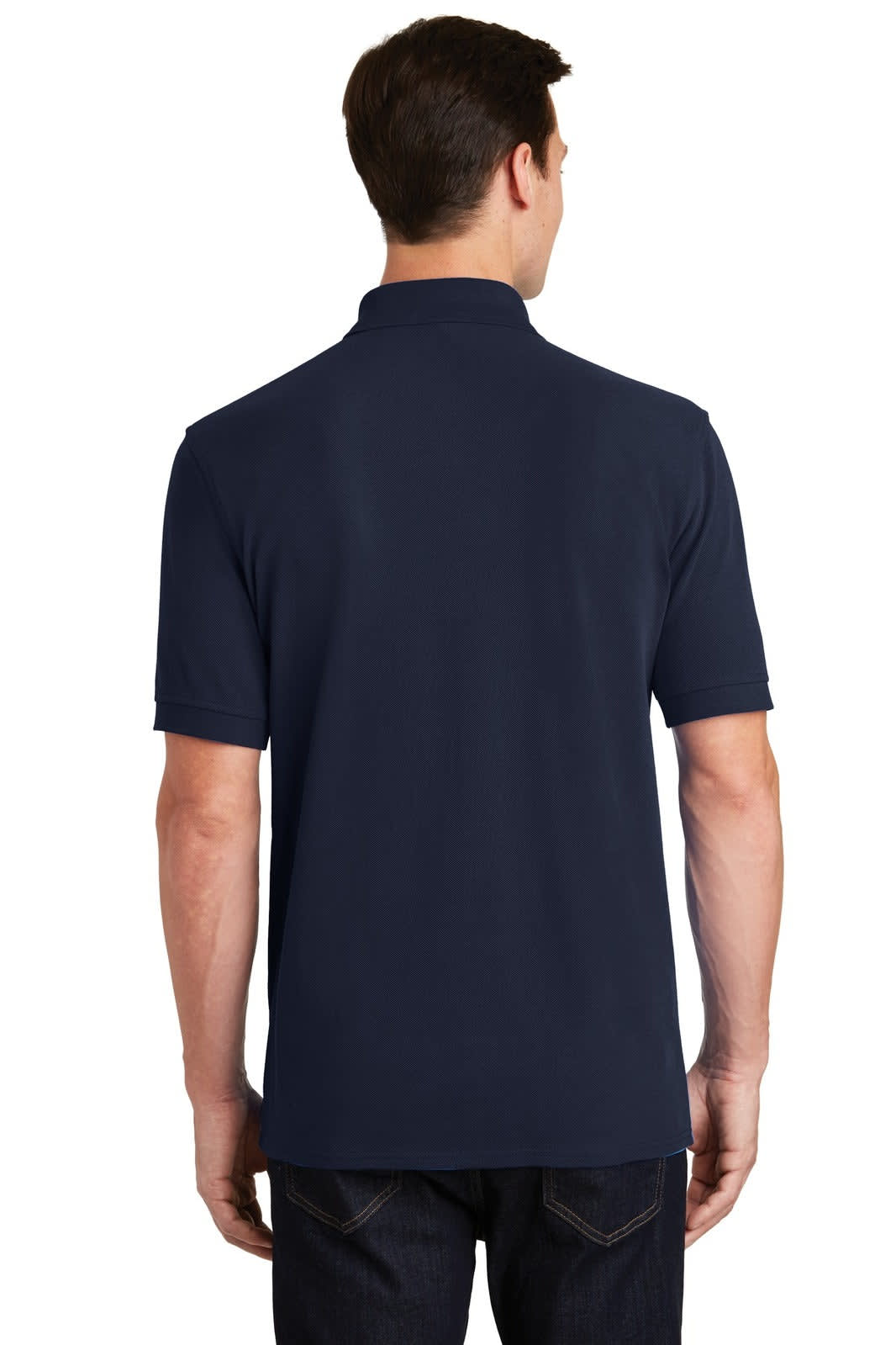 A navy blue Port & Company Ring Spun Pique Polo shirt viewed from the back, featuring a collar and short sleeves.