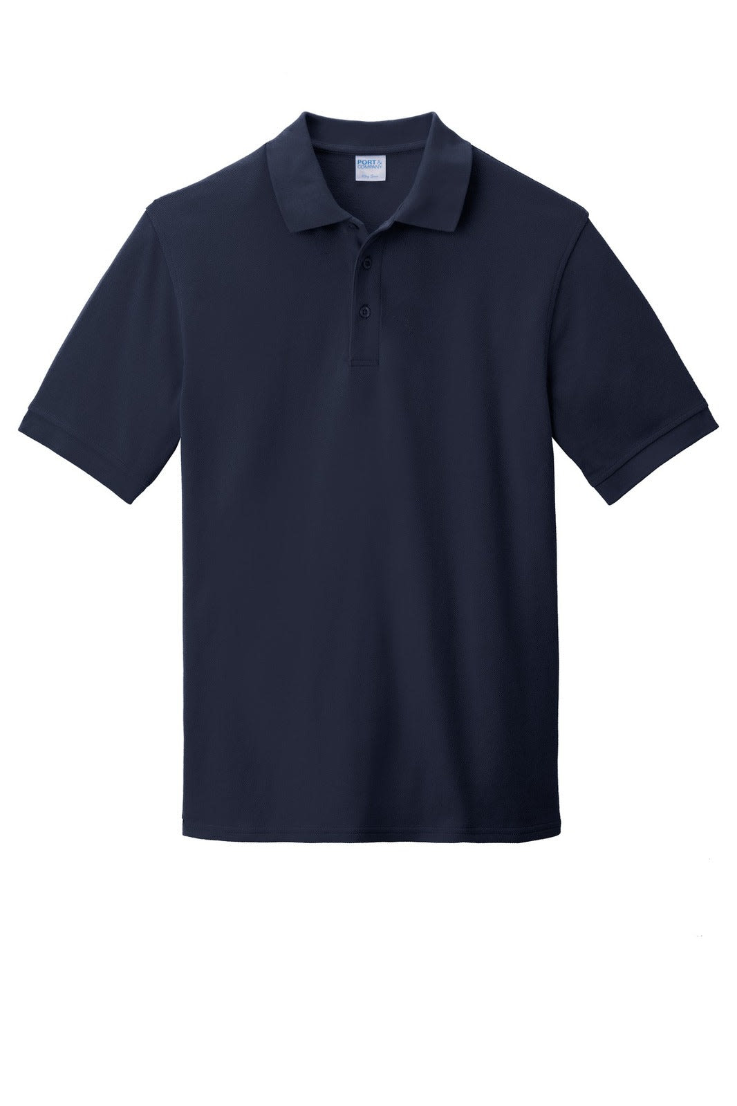 A navy blue Port & Company Ring Spun Pique Polo shirt with a collar and short sleeves, featuring a logo.