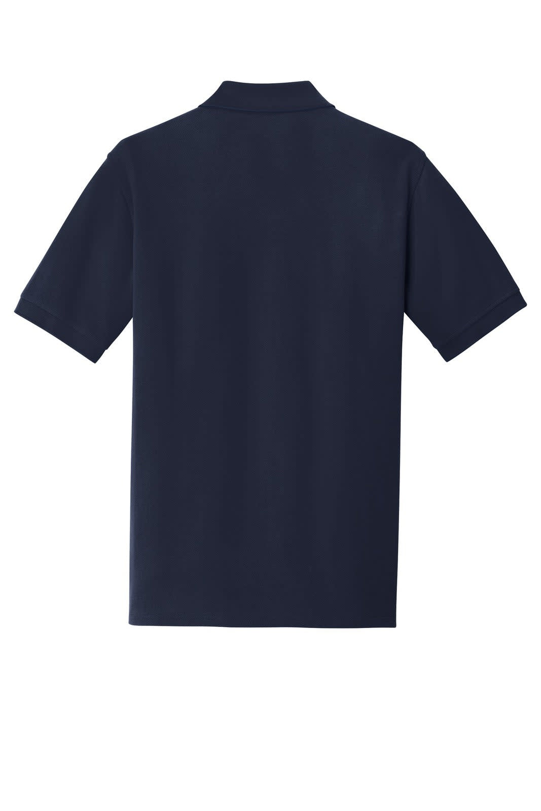 A navy blue Port & Company Ring Spun Pique Polo shirt, featuring a collar and short sleeves. It has a logo on the back.