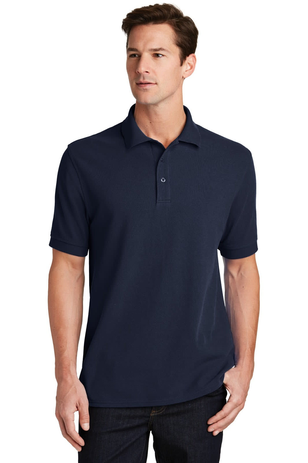 A navy blue Port & Company Ring Spun Pique Polo shirt with a collar and short sleeves, featuring a logo.