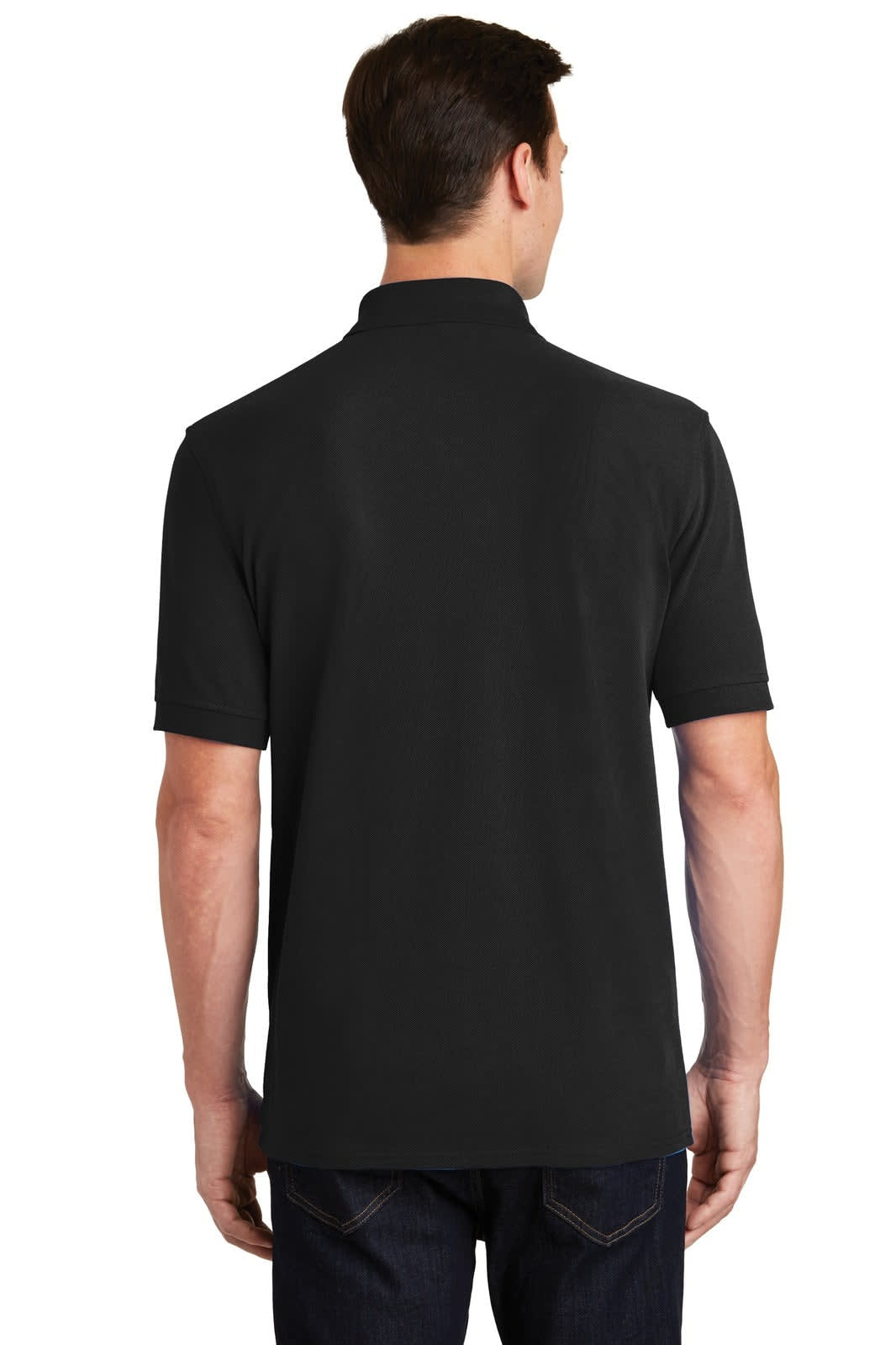 A black polo shirt seen from the back, featuring a collar and short sleeves, with a logo on the chest.