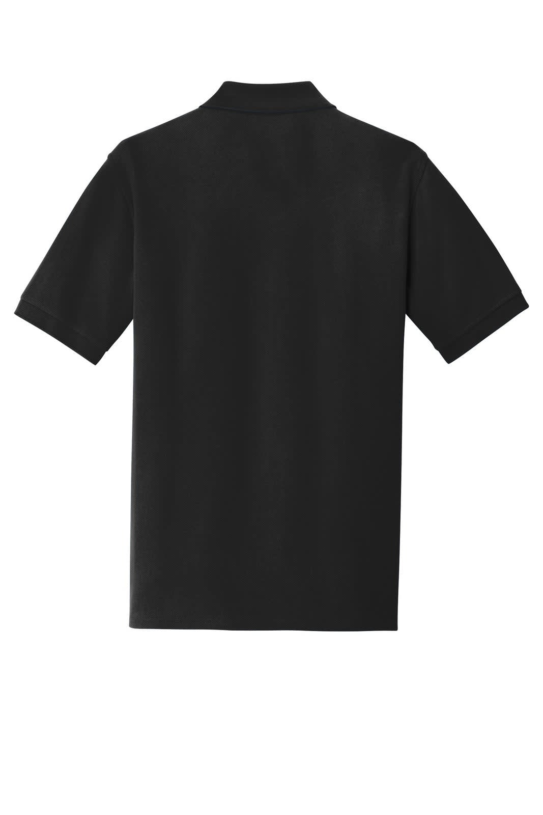 A black Port & Company Ring Spun Pique Polo shirt featuring a collar and short sleeves, with a logo on the chest.