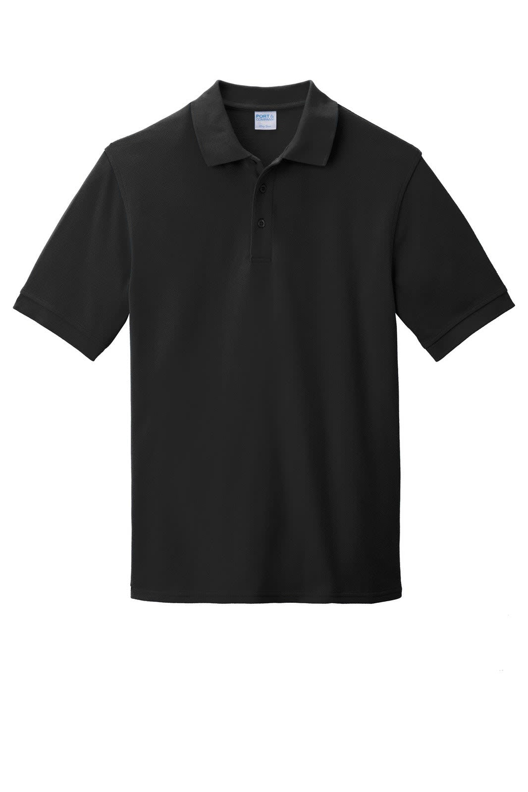 A black Port & Company Ring Spun Pique Polo shirt with a collar and short sleeves. Features a logo on the chest.