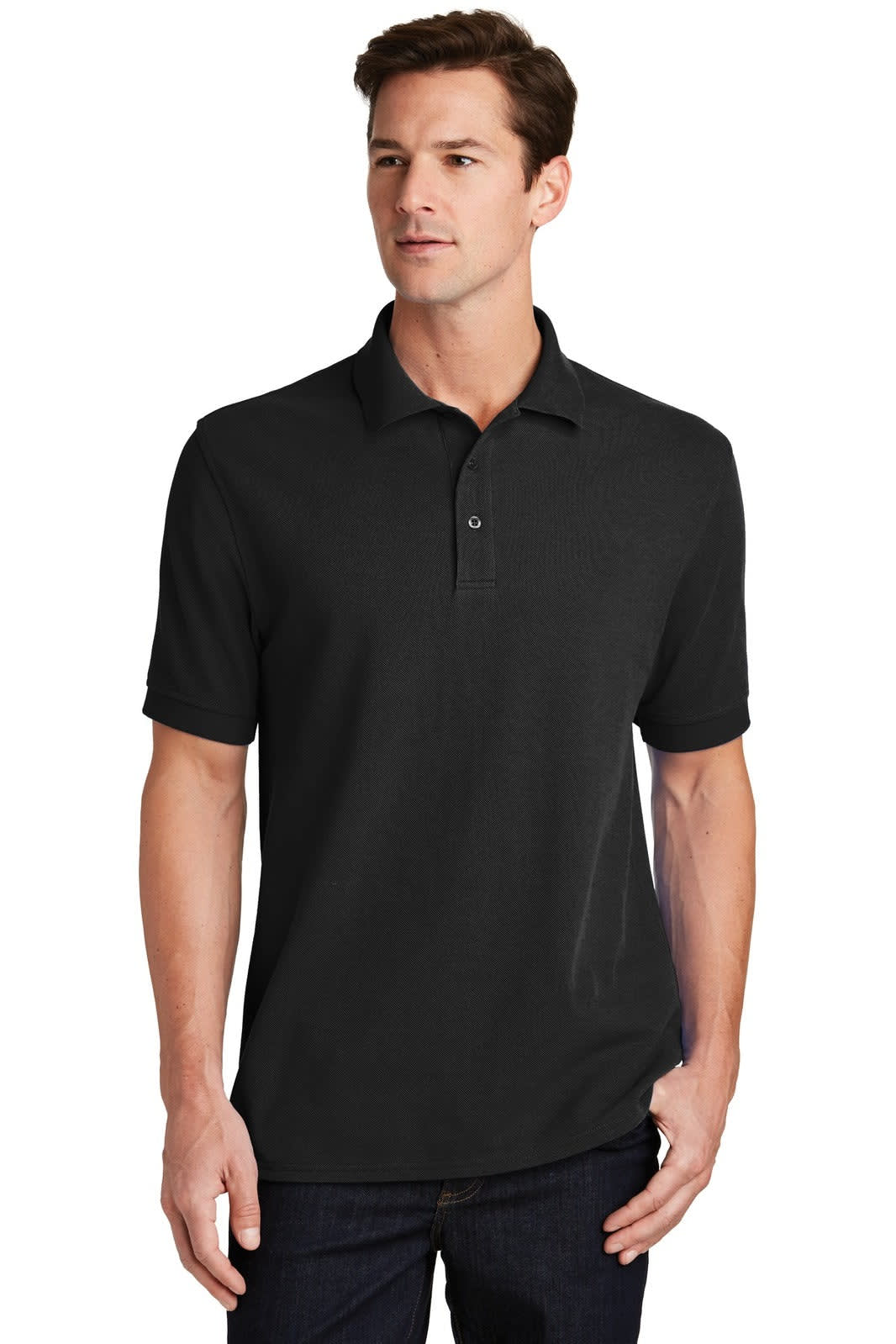 A black Port & Company Ring Spun Pique Polo shirt with a collar and short sleeves, featuring a logo.