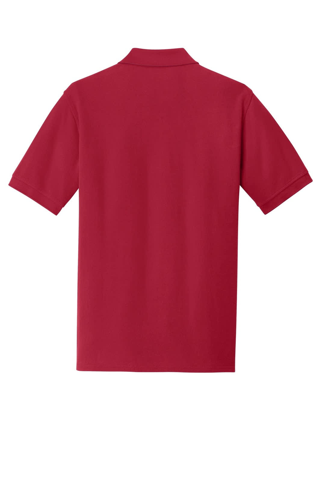 A red Port & Company Ring Spun Pique Polo shirt with a classic collar and short sleeves, featuring a logo.