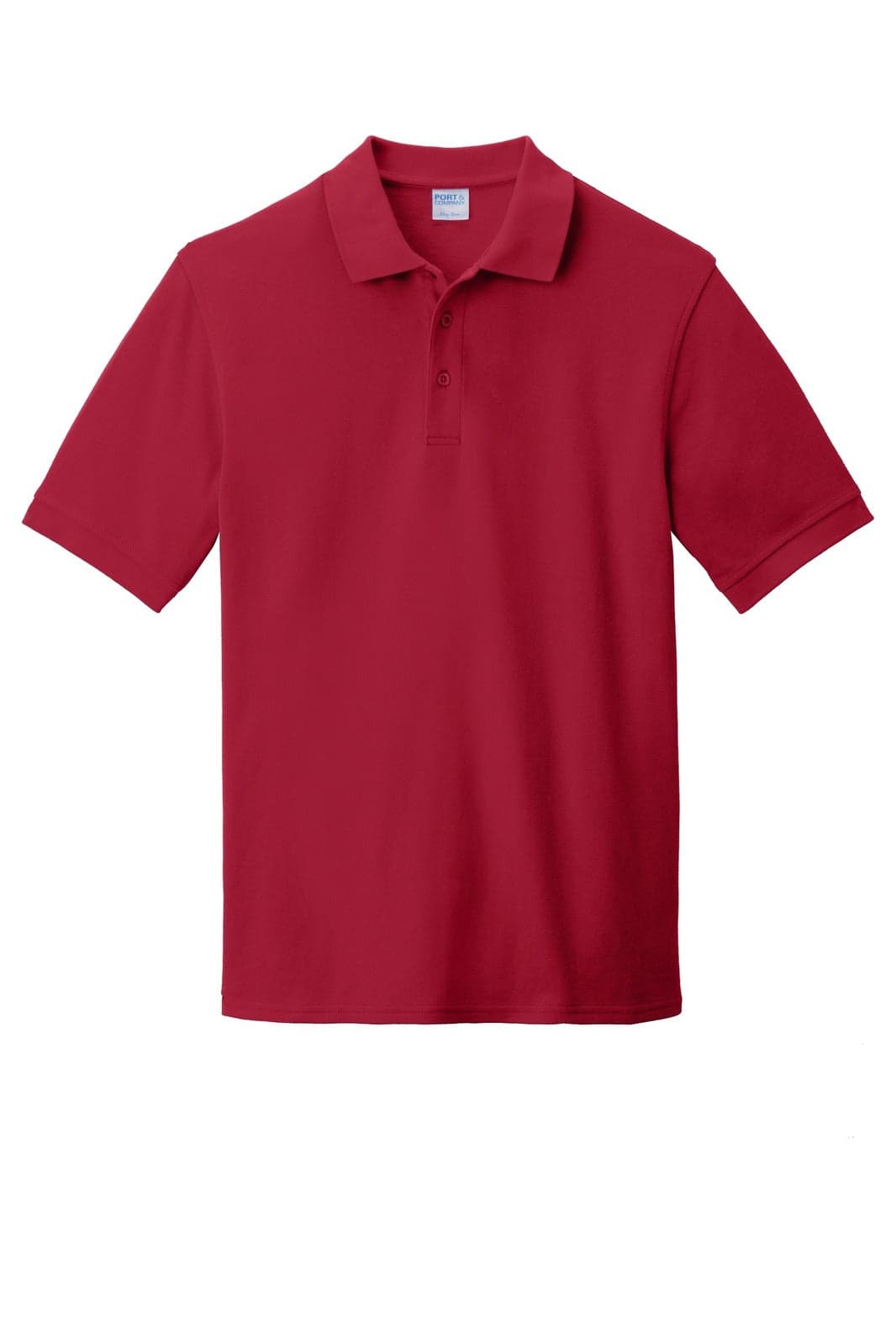 A red polo shirt with a collar and short sleeves, featuring a logo on the chest.