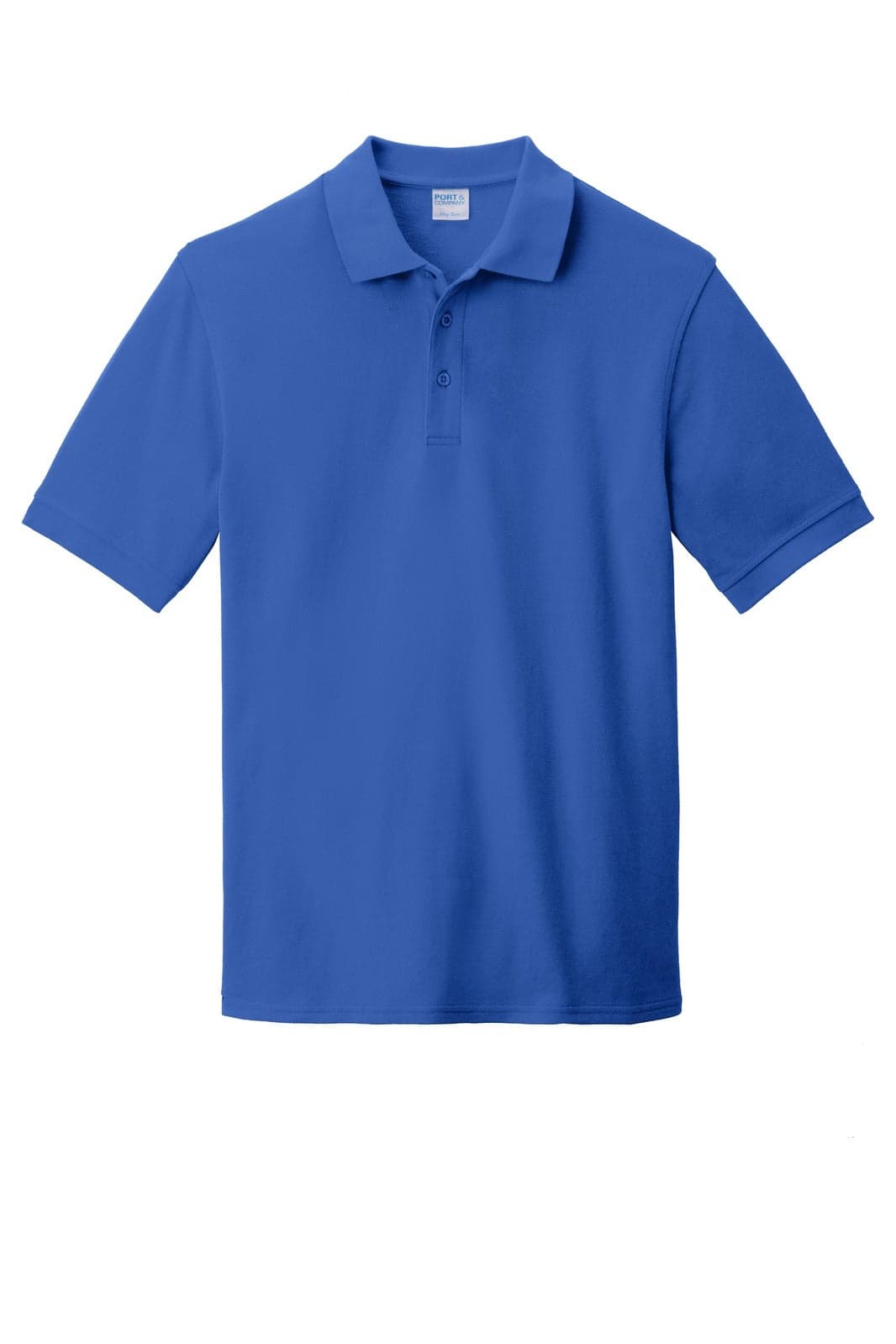A blue Port & Company Ring Spun Pique Polo shirt with a collared neckline and short sleeves, featuring a logo.