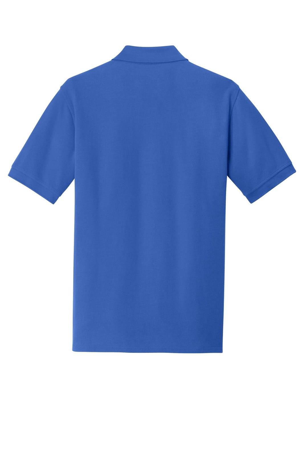 A blue Port & Company Ring Spun Pique Polo shirt with a collar and short sleeves, featuring a logo.