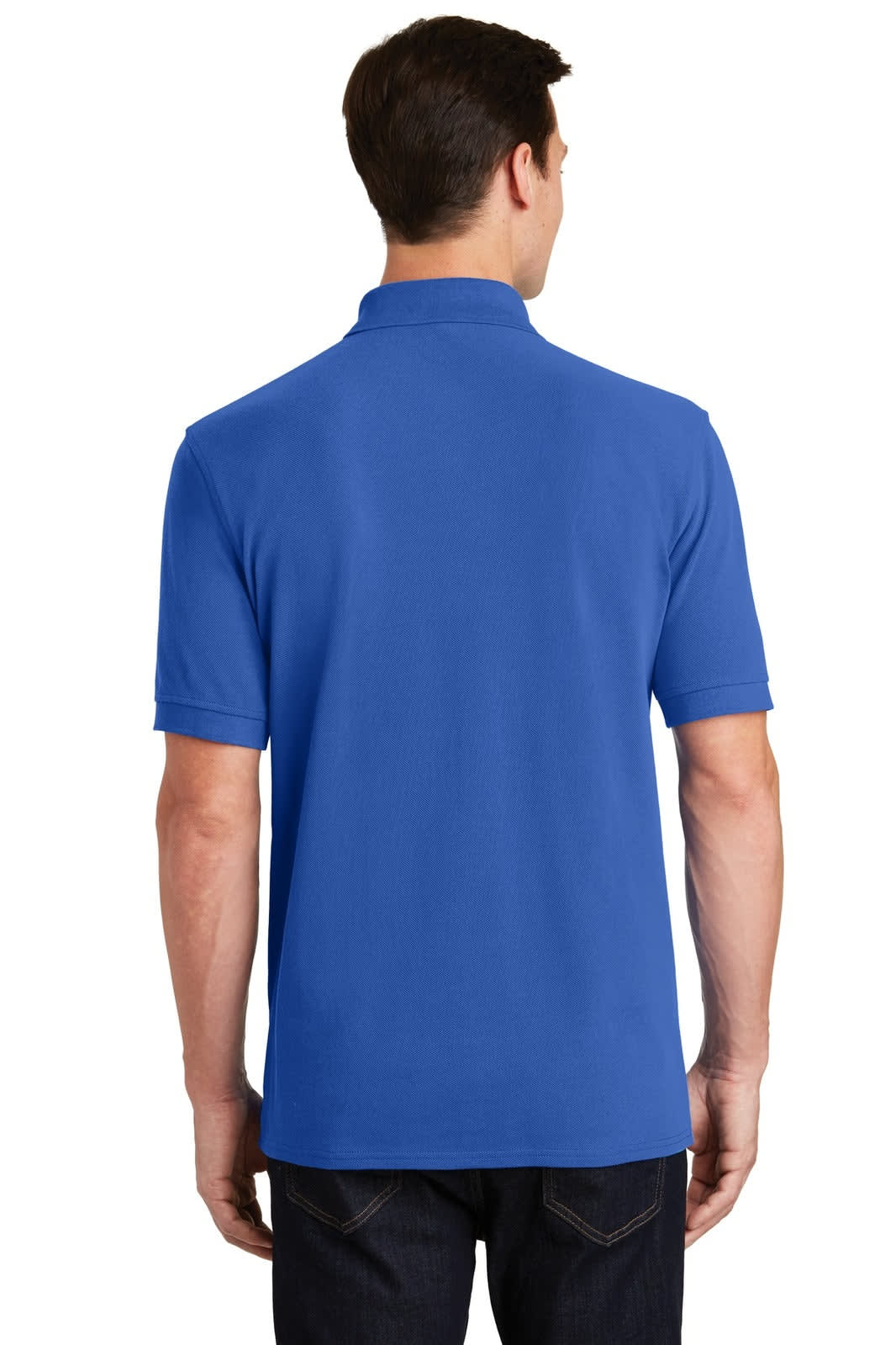A blue short-sleeve polo shirt featuring a collar and a logo on the back.