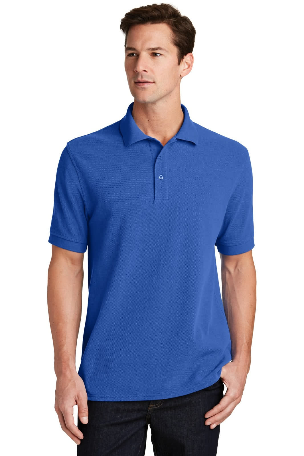 A blue Port & Company Ring Spun Pique Polo shirt with a collar and a logo. Suitable for casual wear.