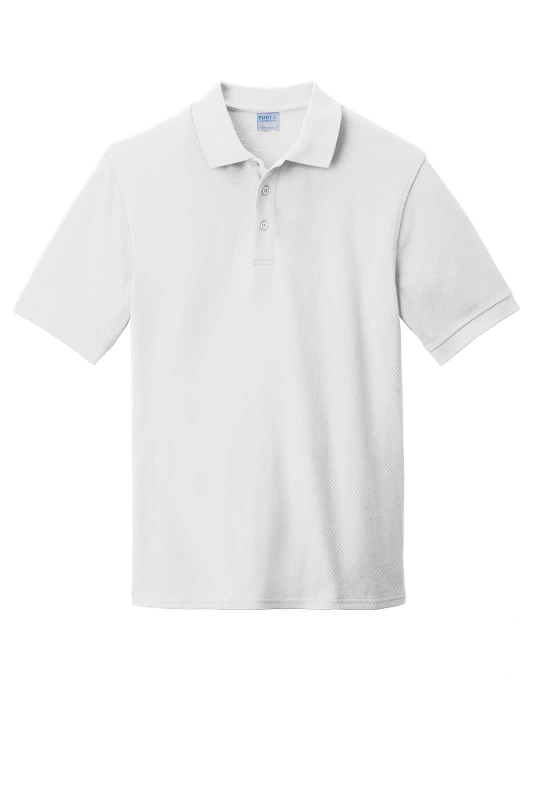 A white Port & Company ring spun pique polo shirt with a collar and buttons, featuring a logo.