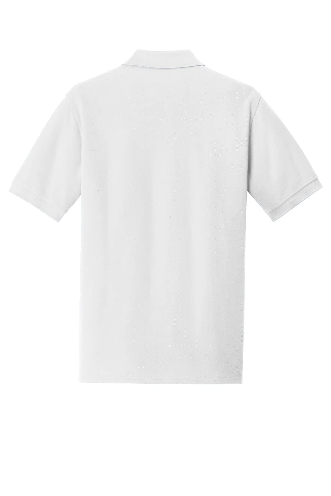A white polo shirt with short sleeves and a collar, featuring a logo on the back.
