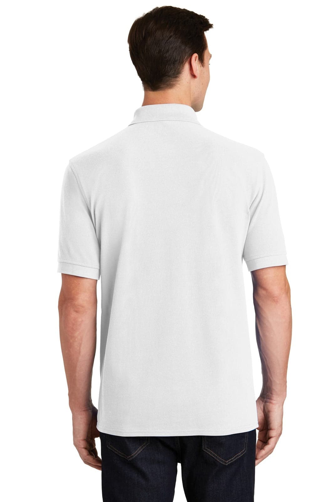 A light grey polo shirt viewed from the back, featuring a collar and short sleeves. It has a logo on the chest.