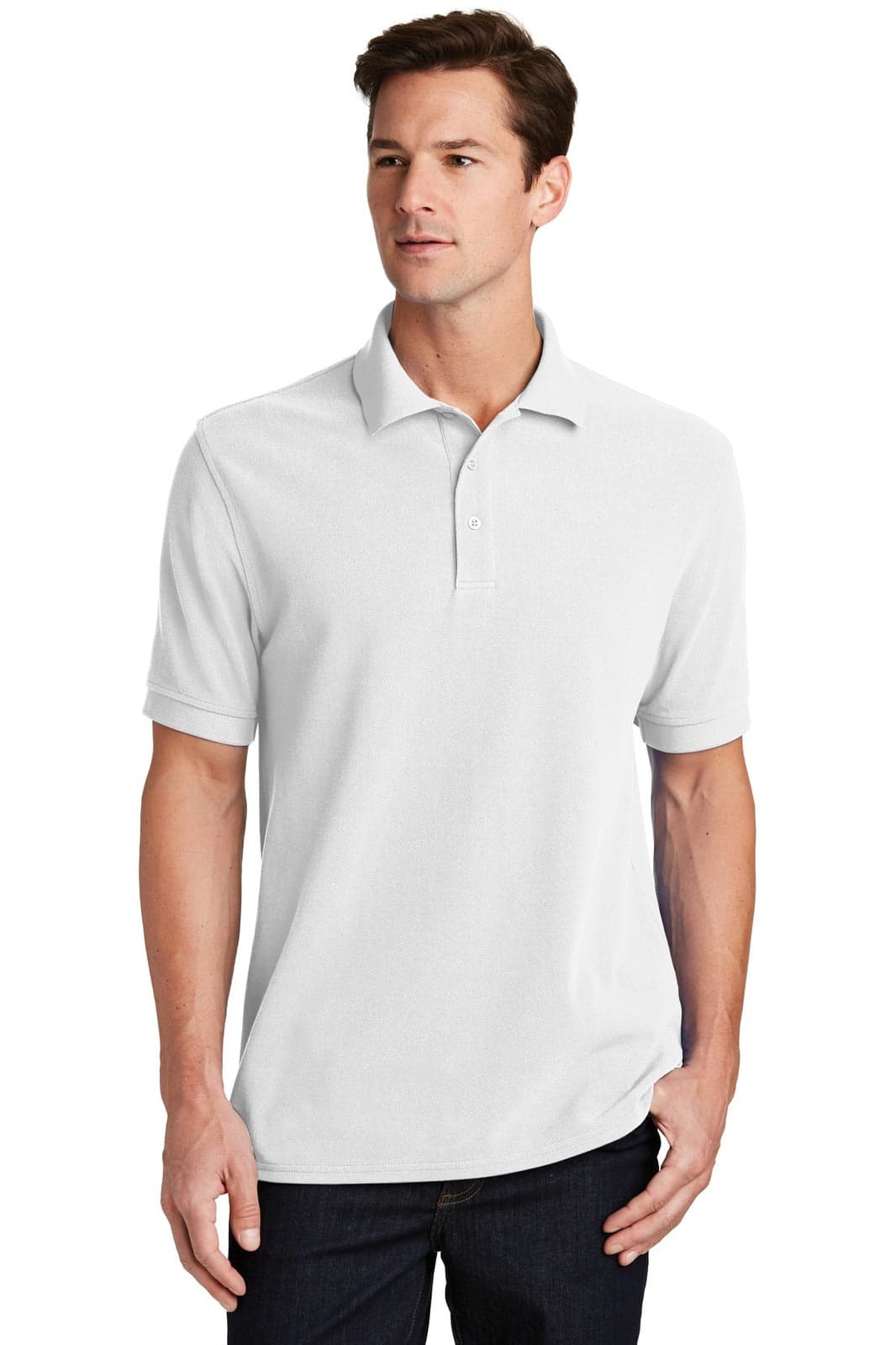 A light grey polo shirt with a collar and short sleeves, featuring a logo on the chest.