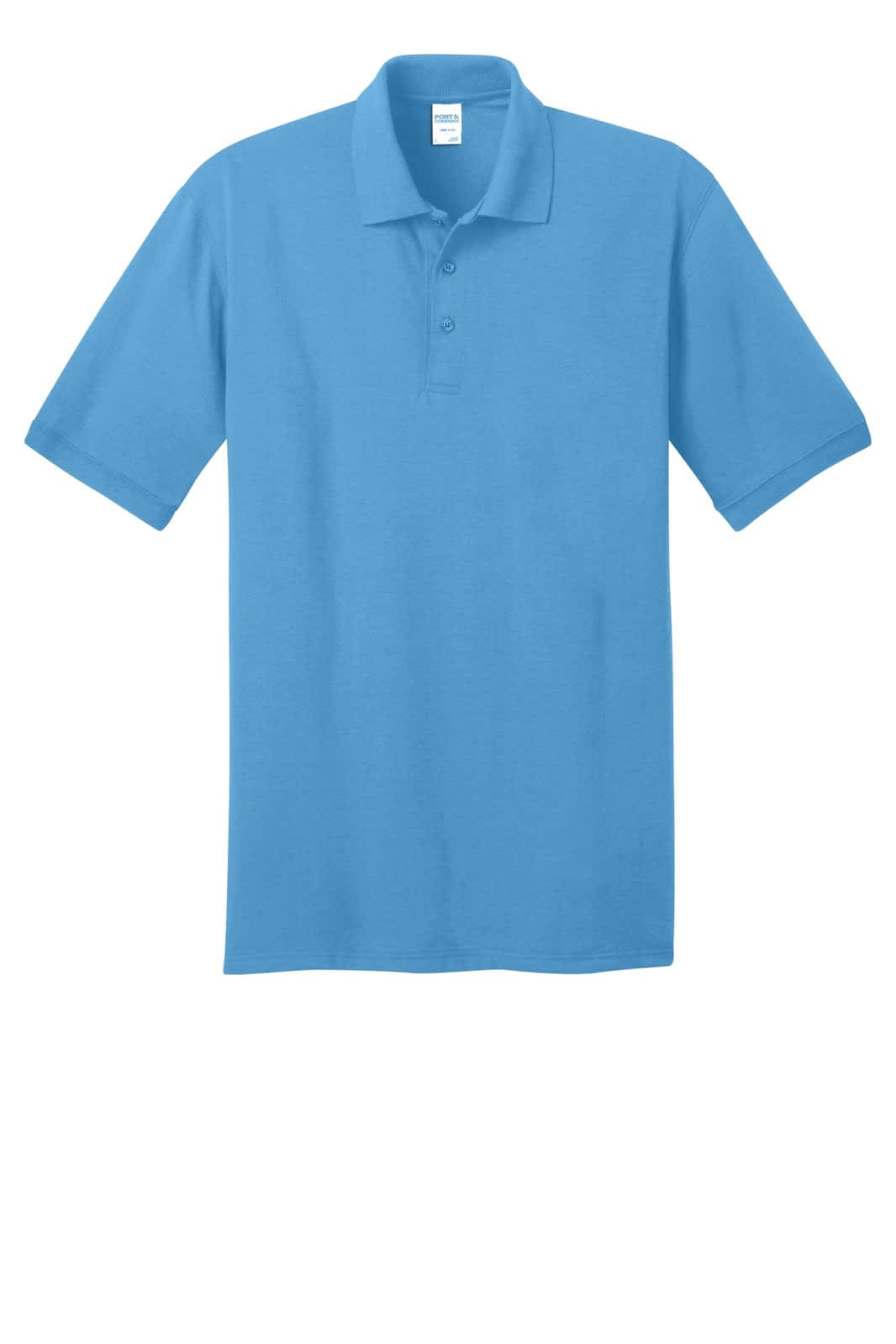 A blue polo shirt with a classic collar and three-button placket, featuring a logo on the chest.