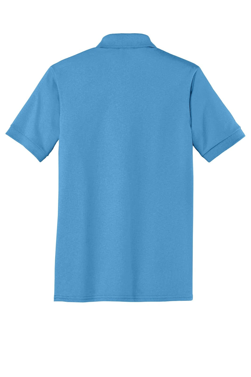 A light blue polo shirt with short sleeves and a collar, featuring a logo on one side.