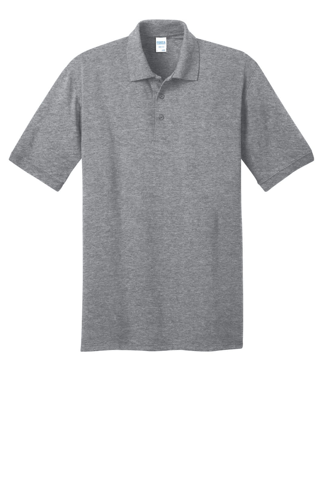A grey polo shirt with short sleeves and a collar, featuring a button placket and a branded label.
