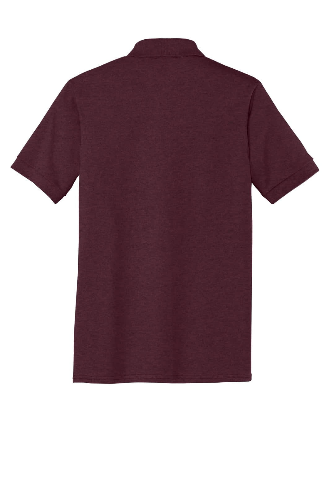 A maroon polo shirt with a collar and short sleeves featuring branding on the back.