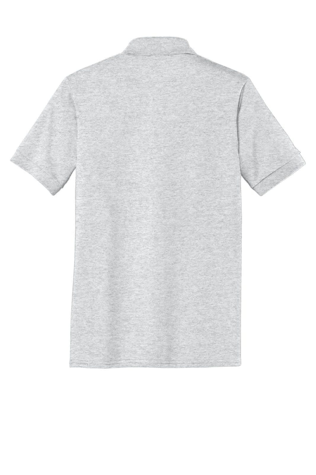 A grey polo shirt with short sleeves and a collar, featuring a logo on the back.