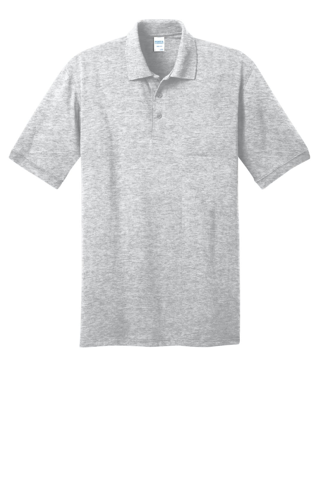 A grey polo shirt featuring a collar, short sleeves, and a pocket on the front. It has a logo on the chest area.