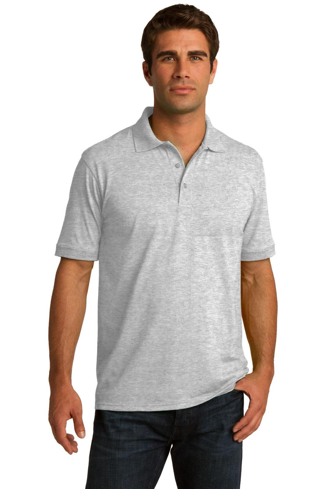 A grey polo shirt with short sleeves, featuring a collar and a logo on the chest.