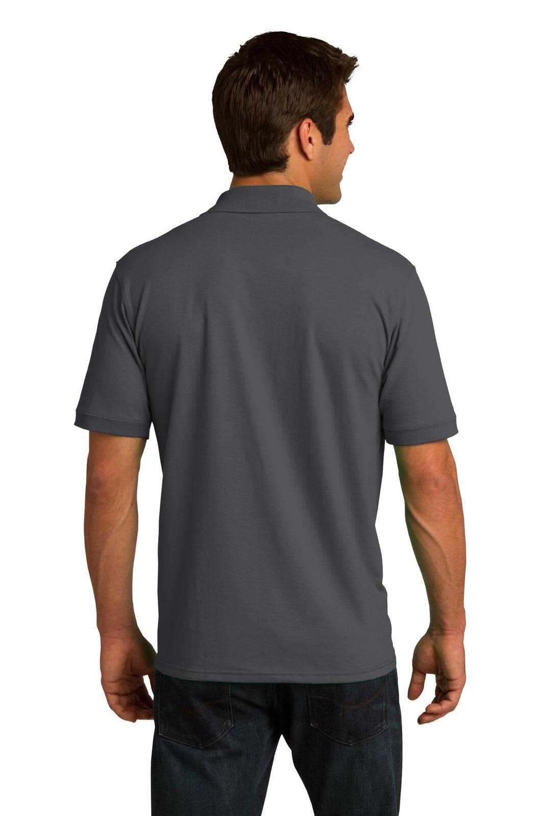A man wearing a grey Port & Company Core Blend Jersey Knit Polo shirt, viewed from the back.