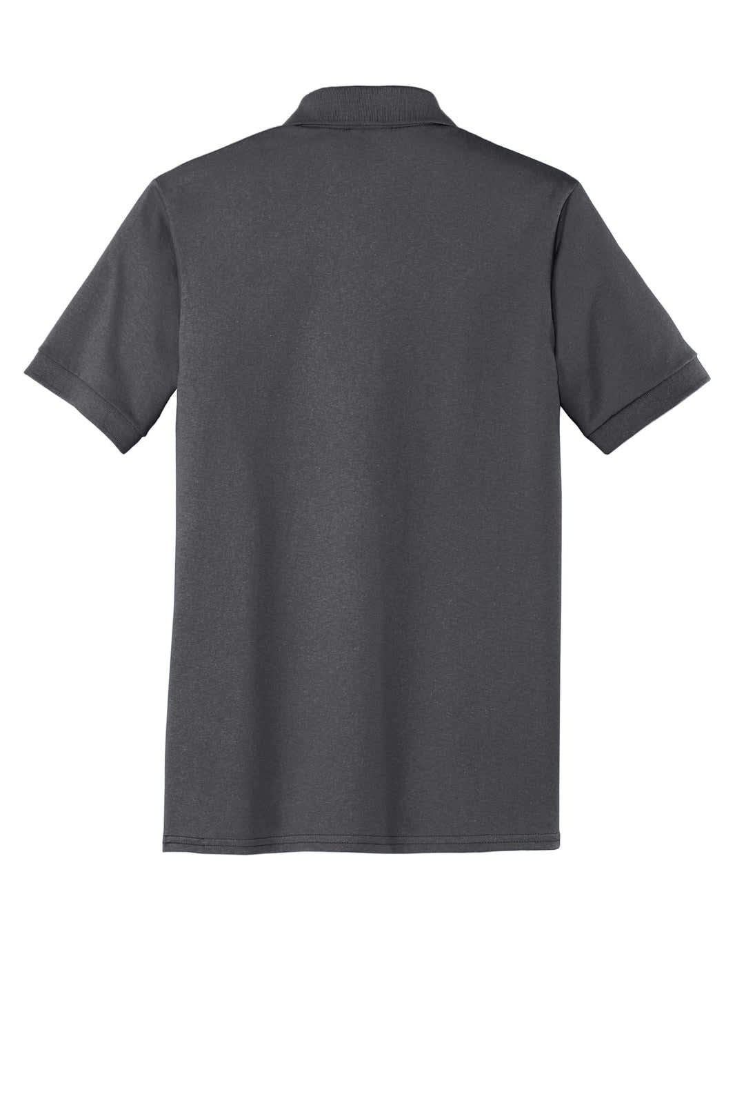 A dark grey polo shirt with short sleeves and a collar, featuring a logo on the back.