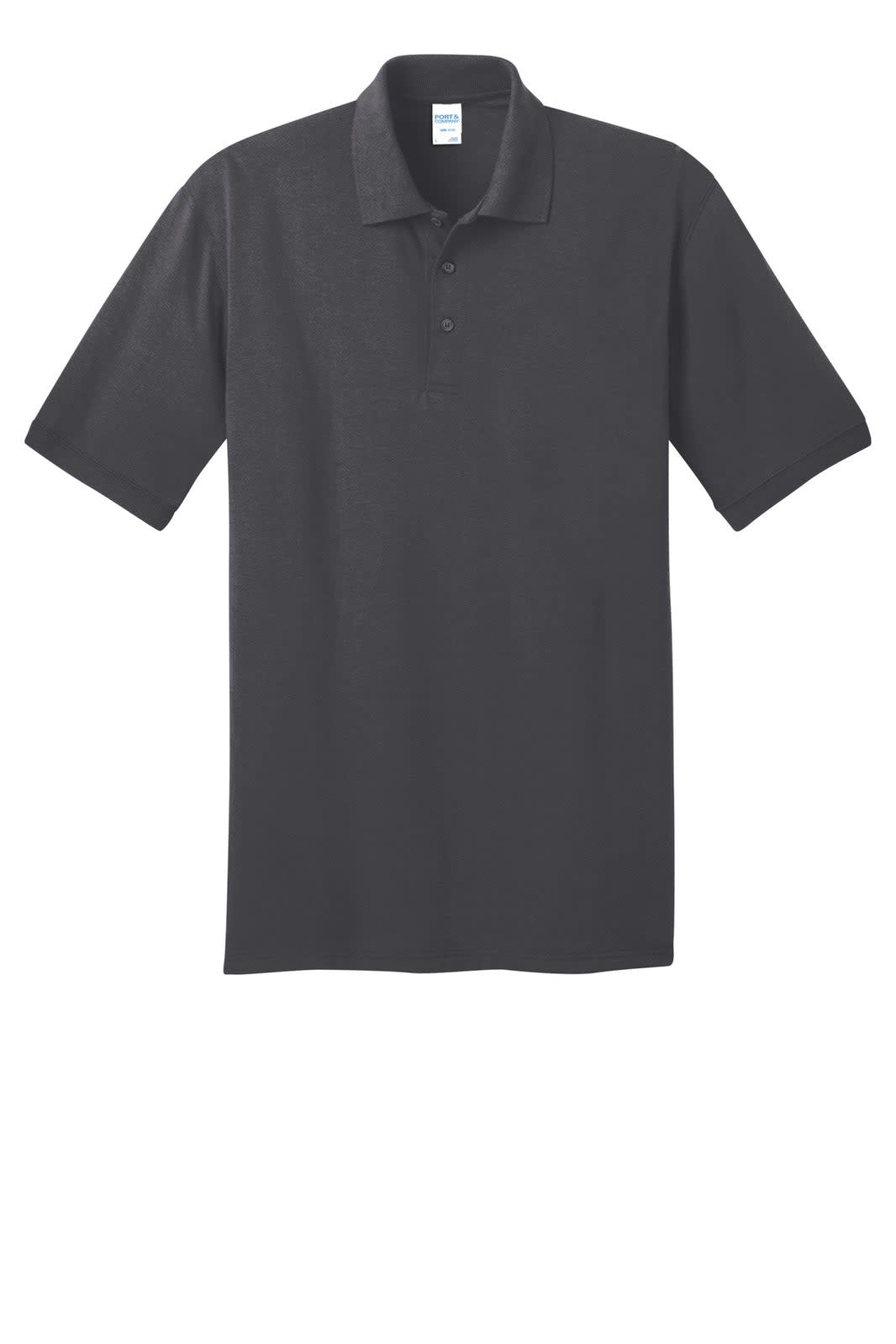 A dark grey polo shirt made from a jersey knit fabric, featuring a collar and three-button placket.
