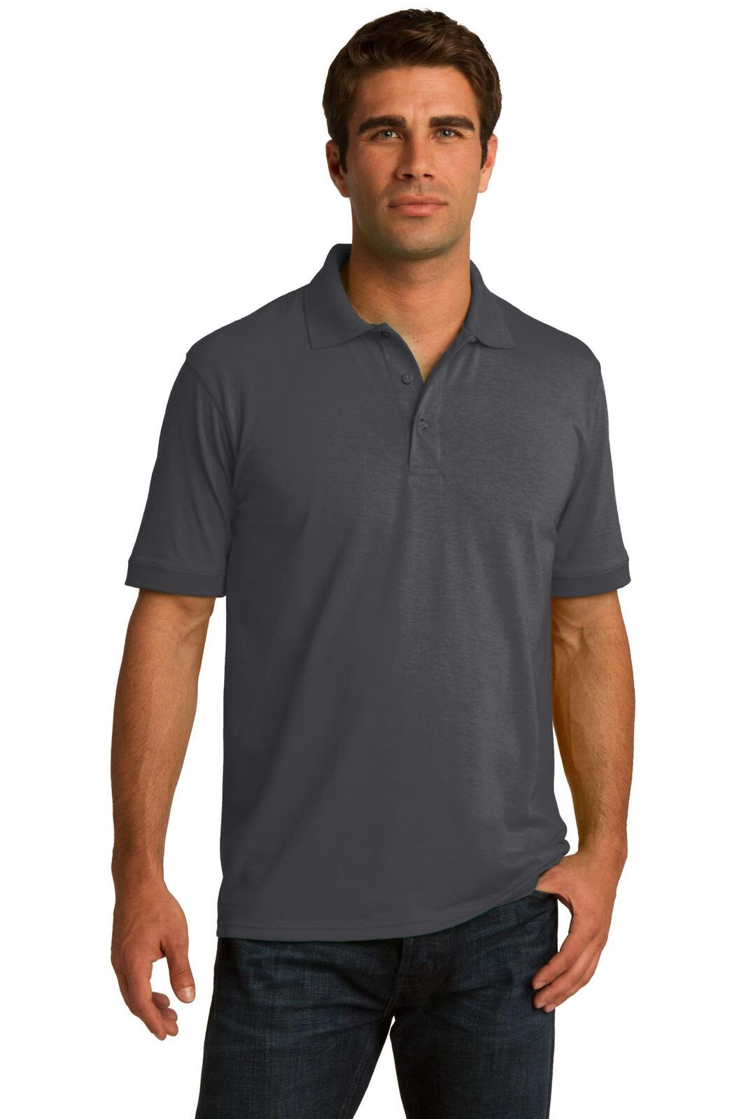 A man wearing a short-sleeved polo shirt in dark grey, featuring a branding logo.