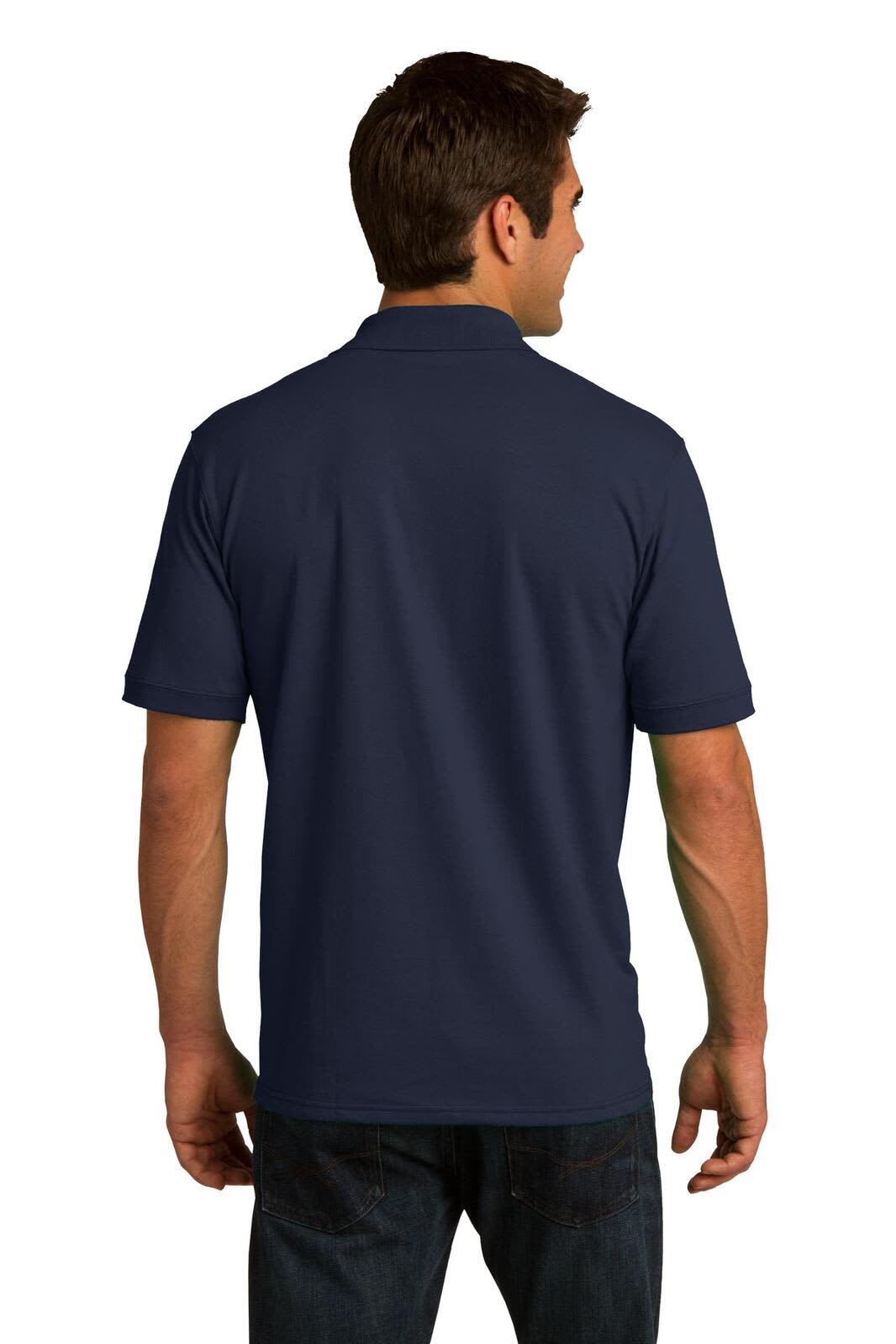 A navy polo shirt with a collar and short sleeves, featuring a logo on the back.