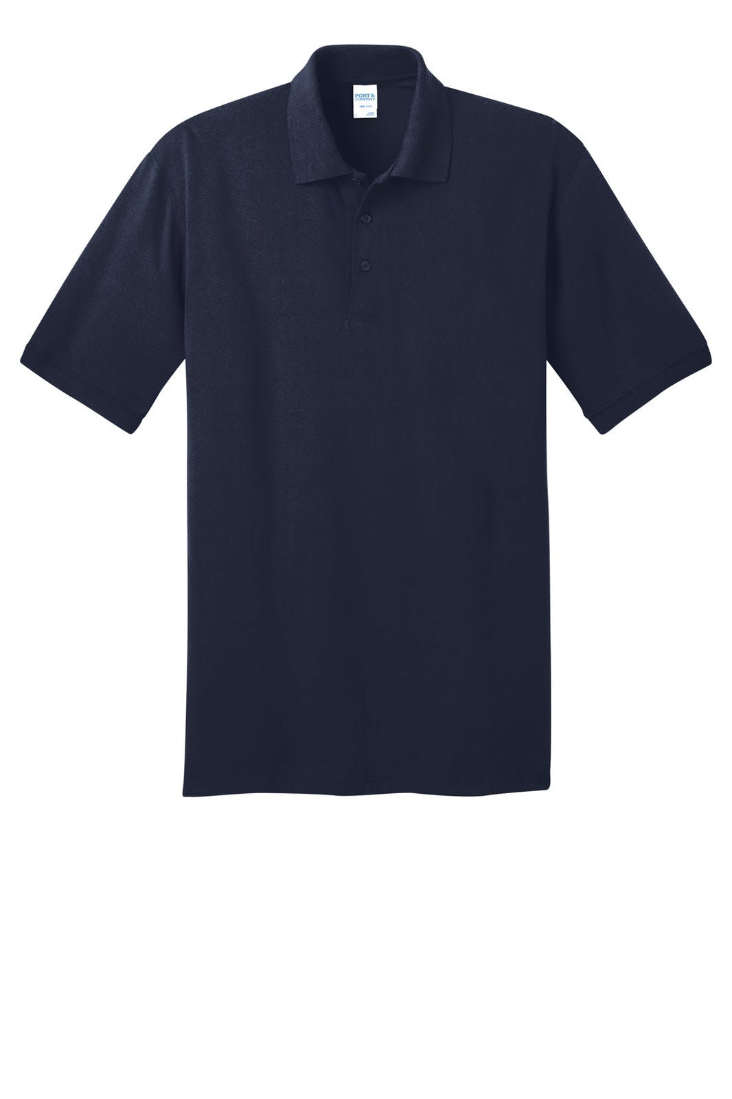 A navy blue polo shirt with a collar and short sleeves, featuring a logo.