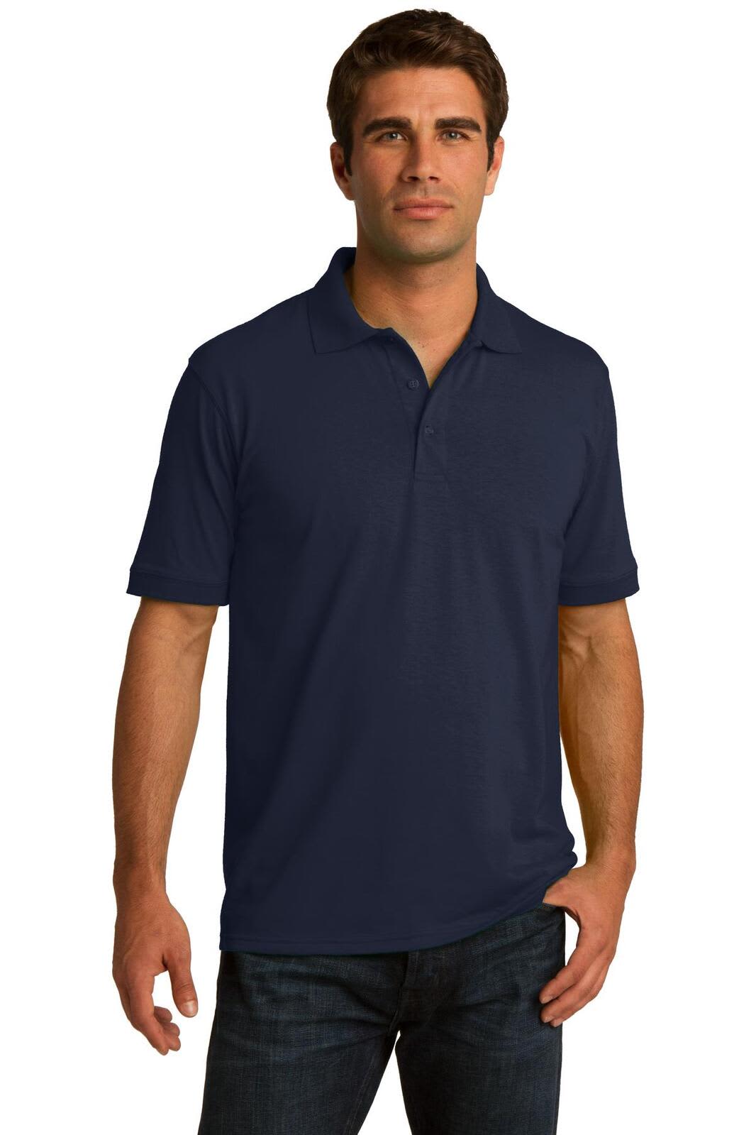 A navy blue polo shirt displayed on a male model, featuring a collar and short sleeves. The shirt has a logo.