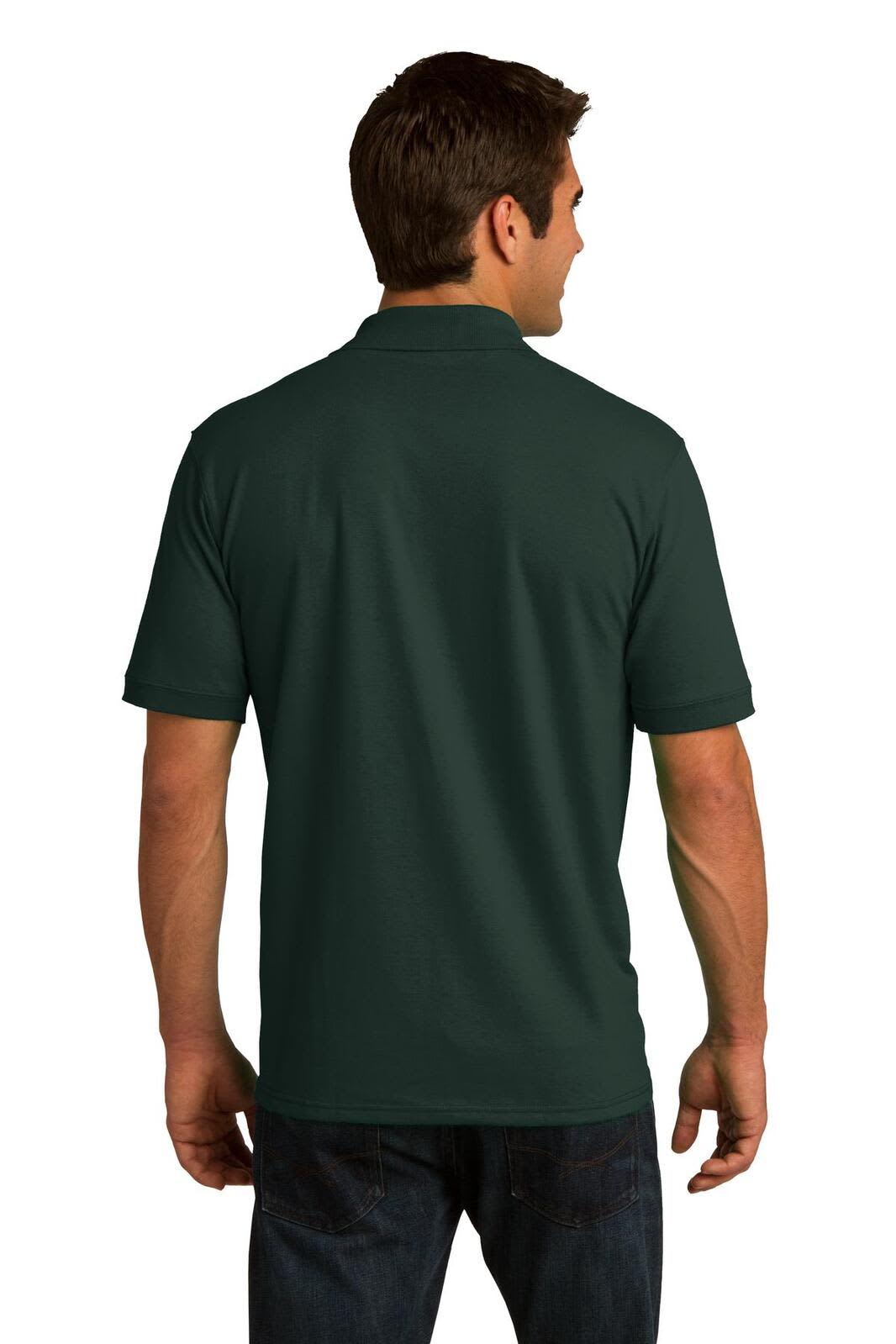 A dark green polo shirt with a classic collar and short sleeves, featuring a logo on the back.