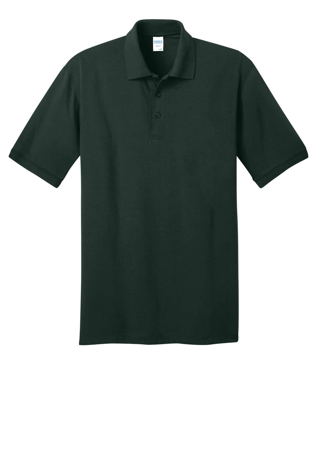 A dark green polo shirt featuring a classic collar and a three-button placket, with a logo on the chest.