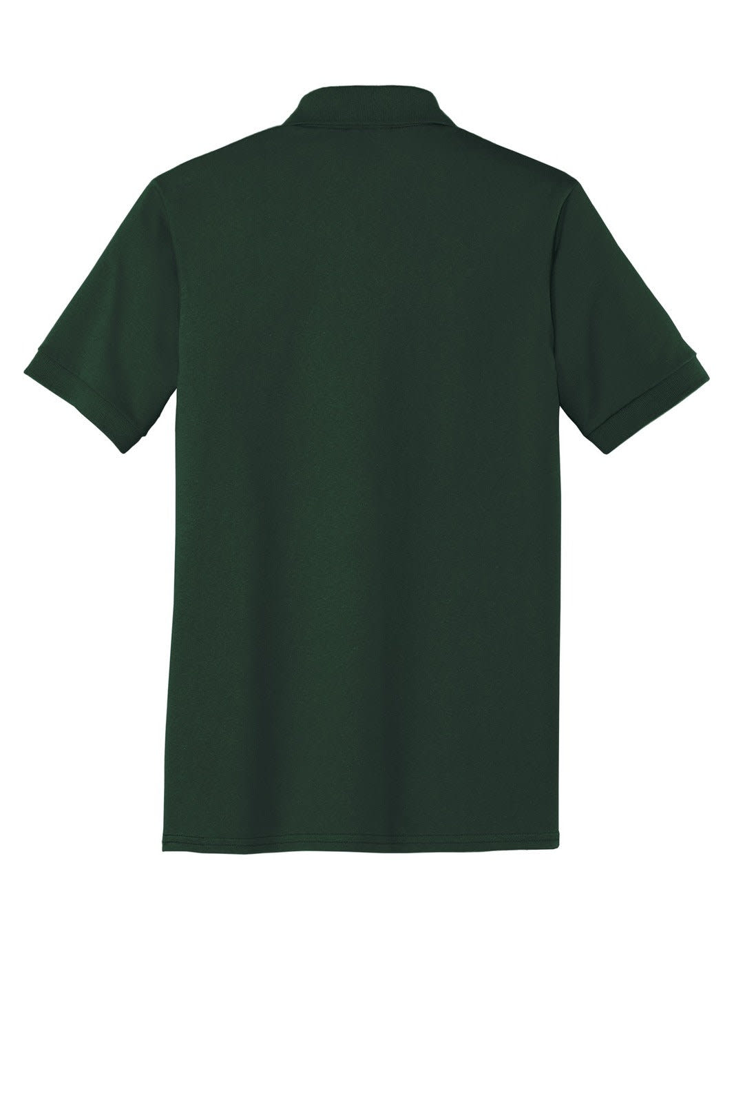 A dark green polo shirt with short sleeves, featuring a collar and a logo on the back.