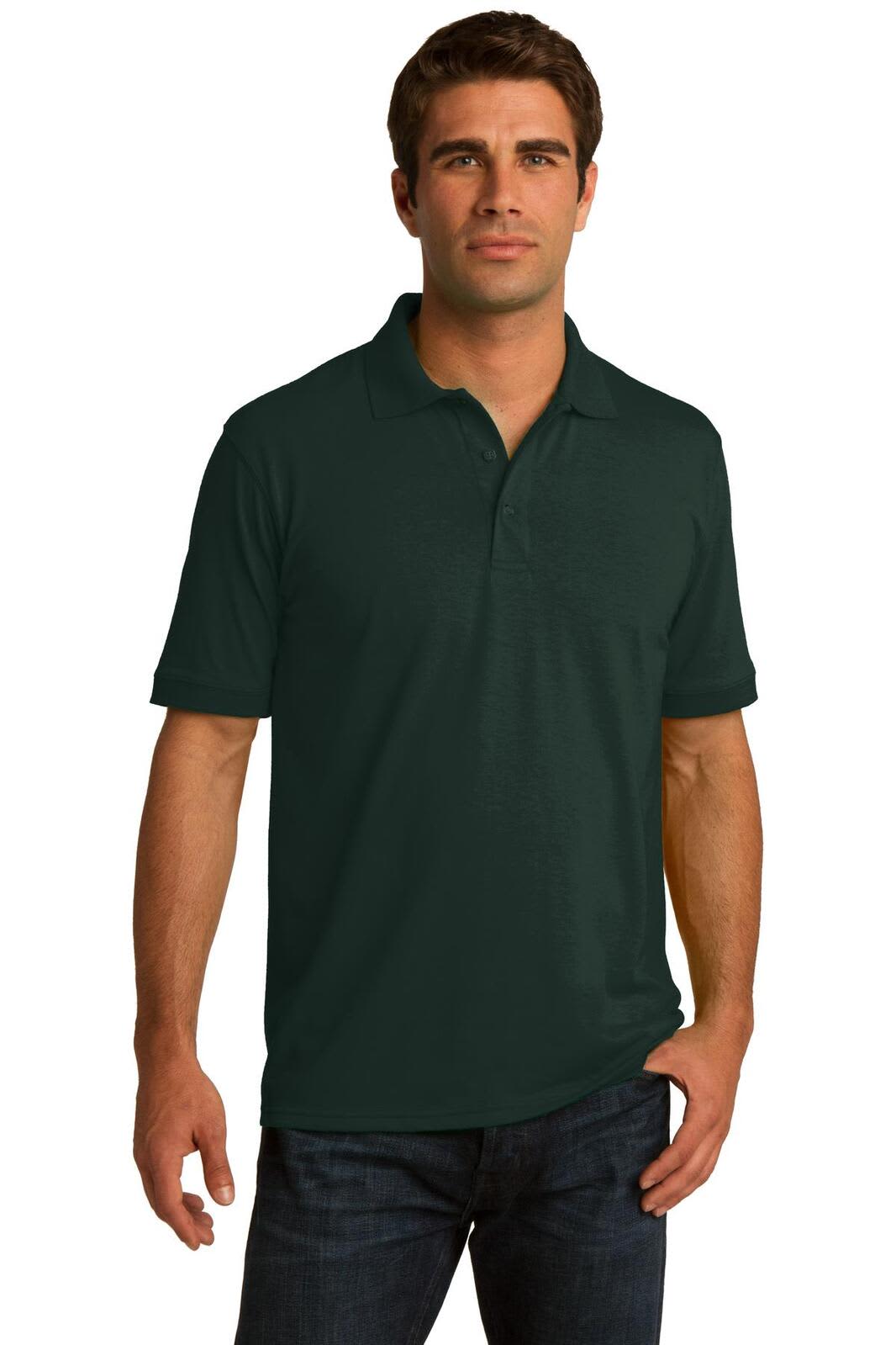 A dark green polo shirt on a model, featuring a collar and short sleeves, with a logo on the chest.