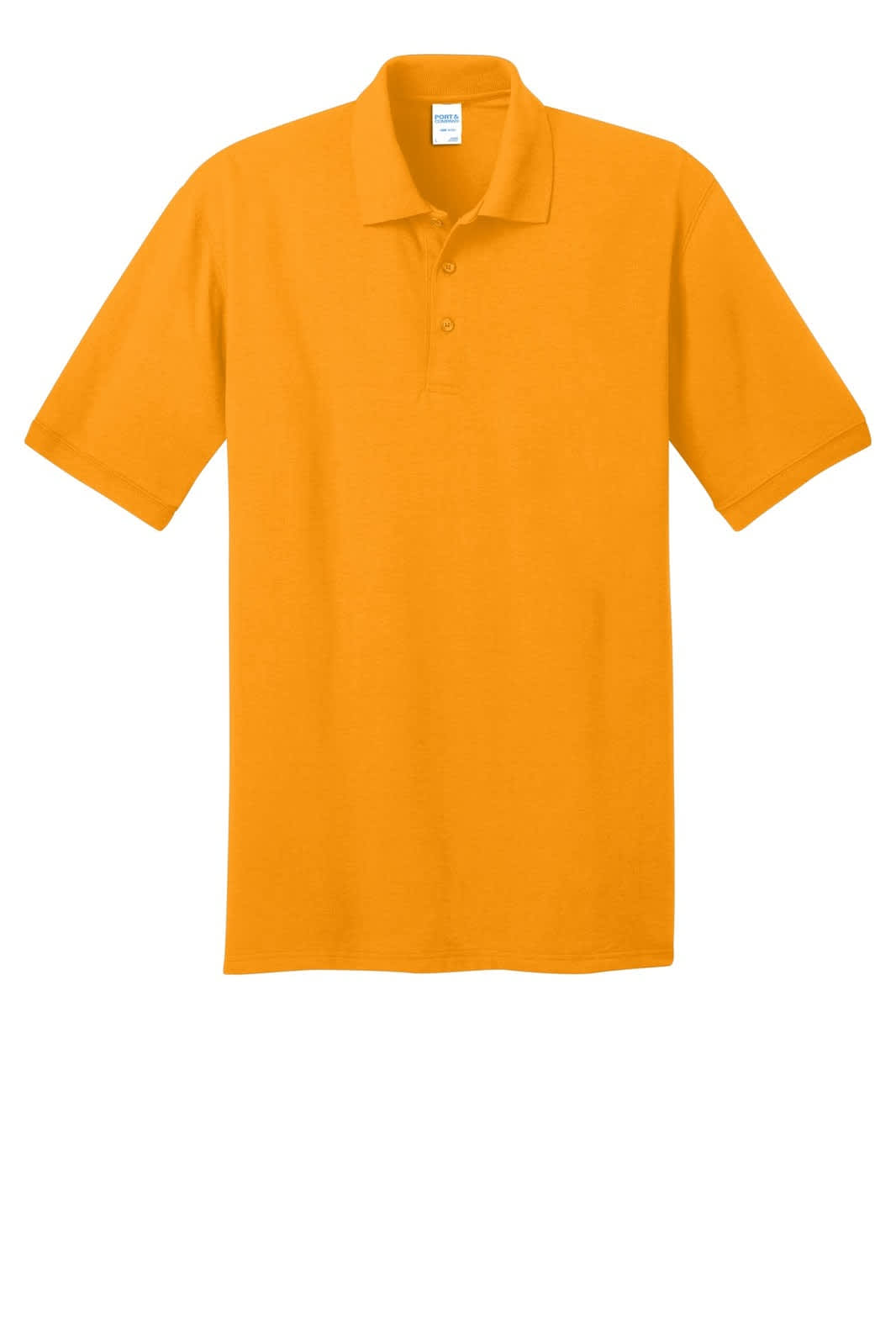 An orange polo shirt with a collar and three buttons, featuring a branding logo on the front.
