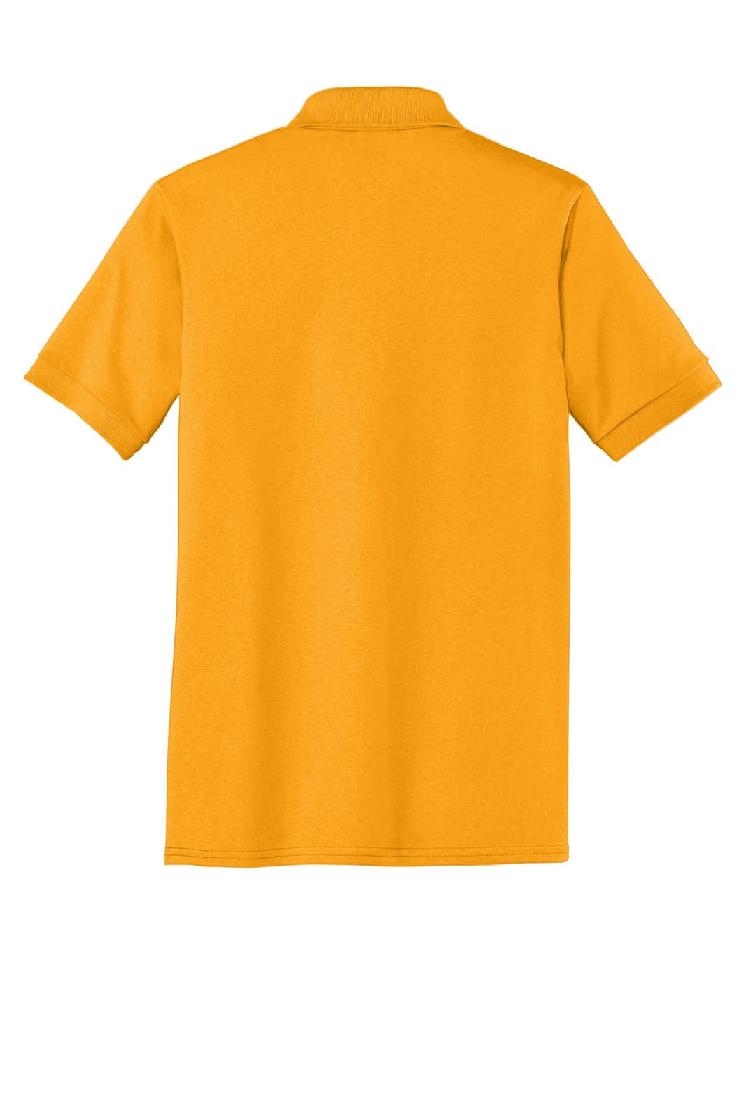 A back view of a bright yellow polo shirt, featuring a collar and short sleeves. It has a logo on the front.