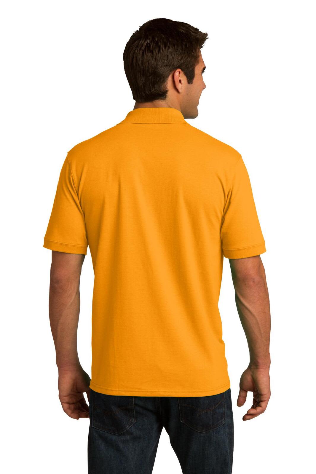 A man wearing a yellow Port & Company Core Blend Jersey Knit Polo from the back, showcasing the shirt's colour and style.