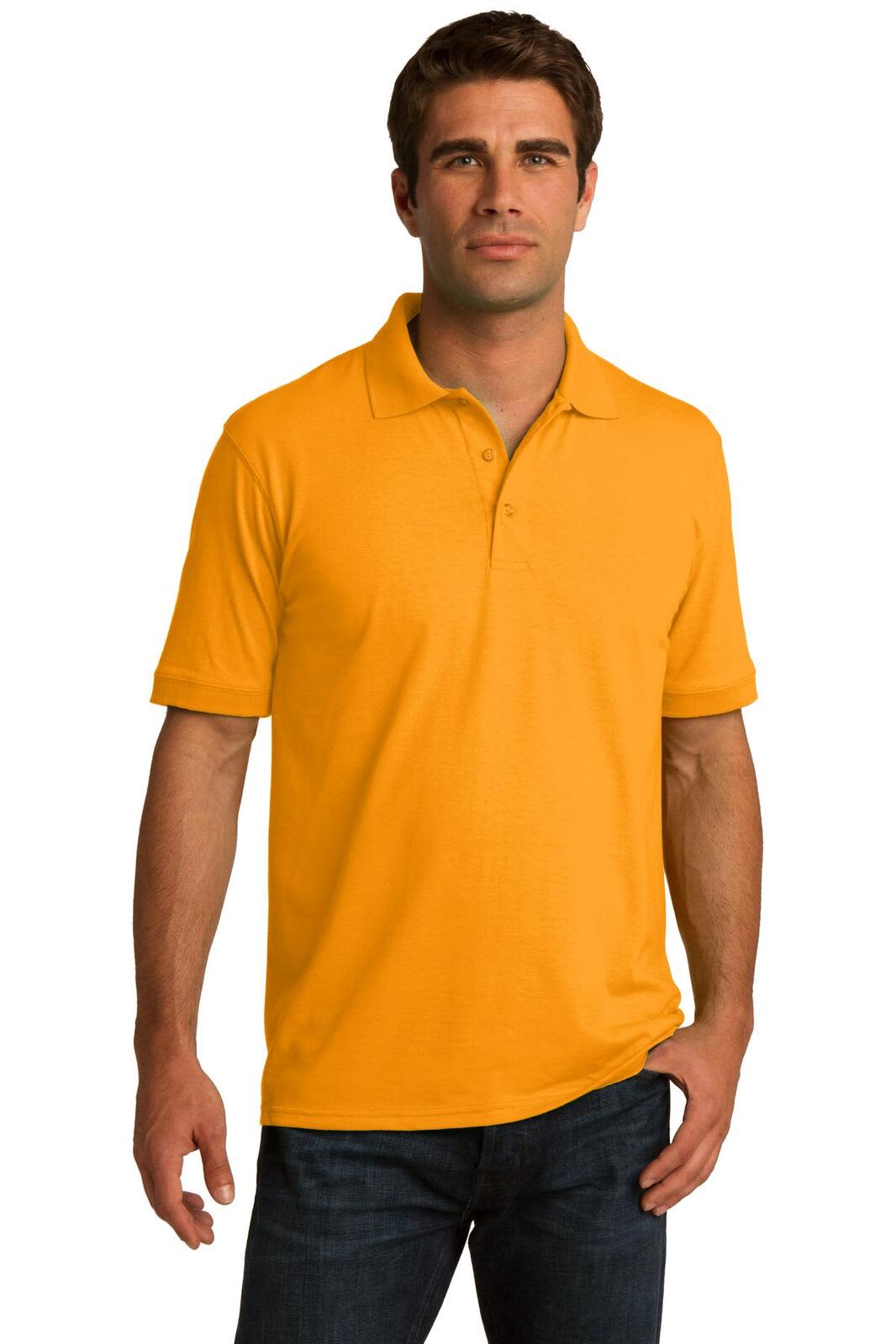 An orange polo shirt with a classic collar and short sleeves, featuring a logo on the chest.