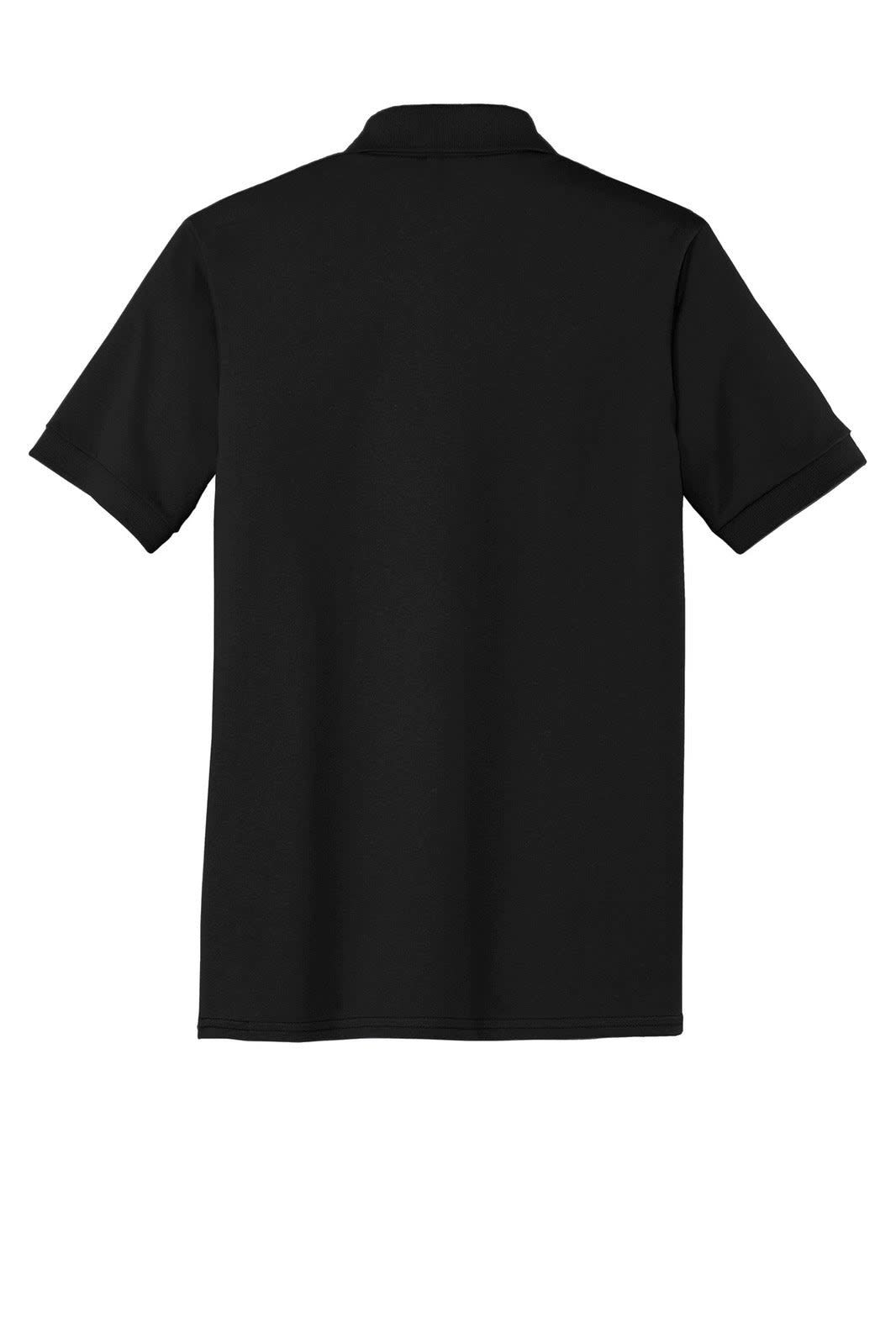 A black polo shirt with short sleeves and a collar, featuring a logo on the back.
