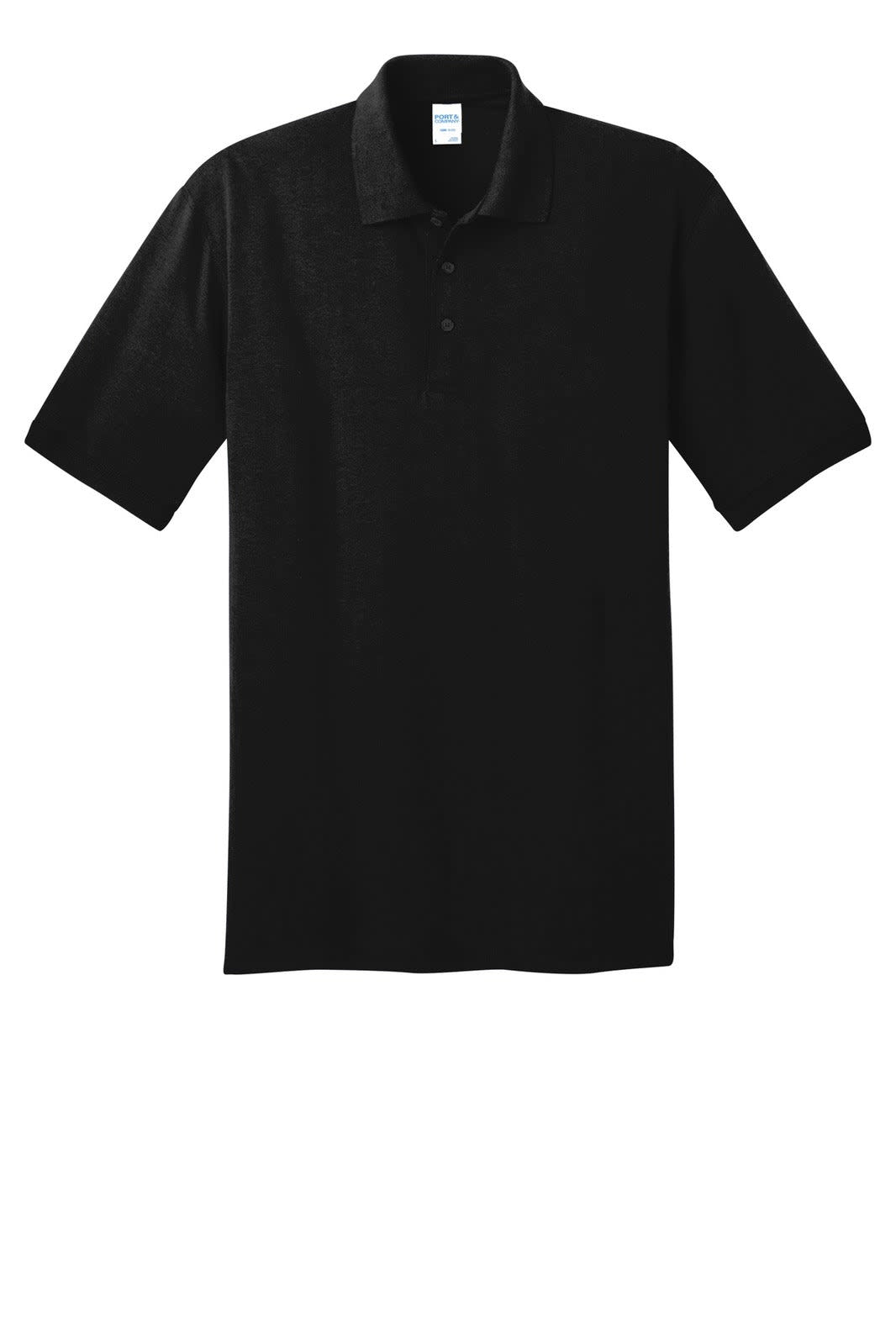 A black polo shirt featuring a collar, short sleeves, and a logo on the chest.