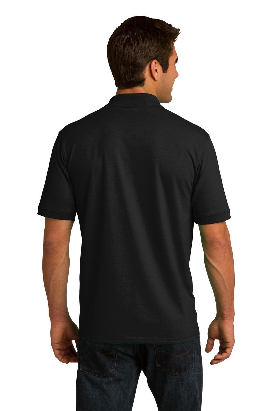 A black polo shirt is displayed, featuring a back view of a man wearing it. The shirt has a logo.