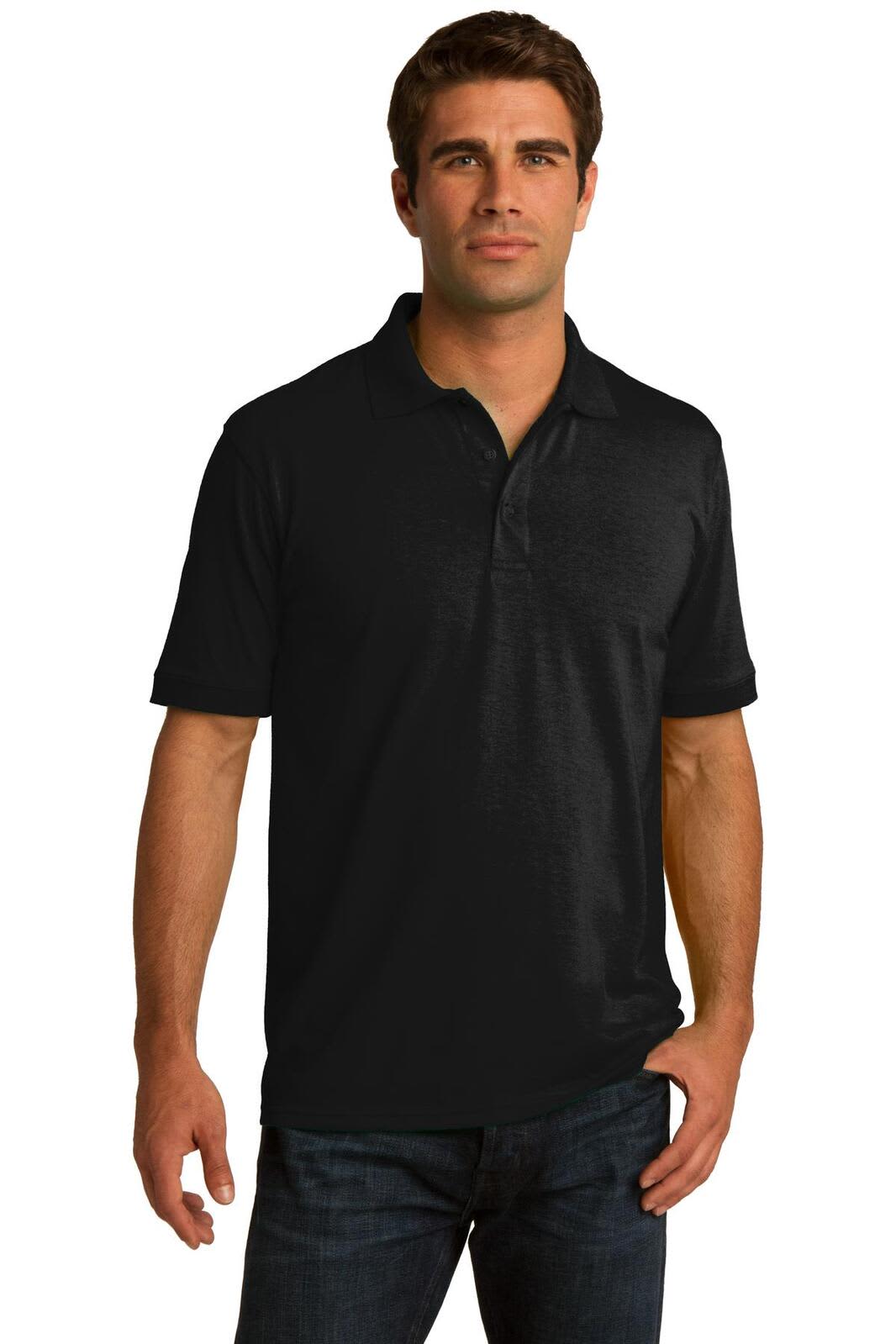 A black polo shirt featuring a collar and short sleeves, displayed on a model. It has a logo on the chest.